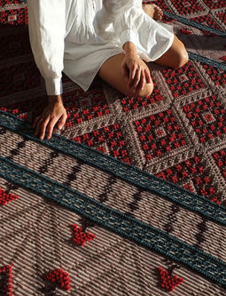 Handwoven colorful Banded carpet, natural wool, made by Mariantonia Urru, contemporary Sardinian craft